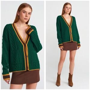 Zara Green Cable Knit Varsity Cardigan Large Preppy Grandpa Sweater 6771/131